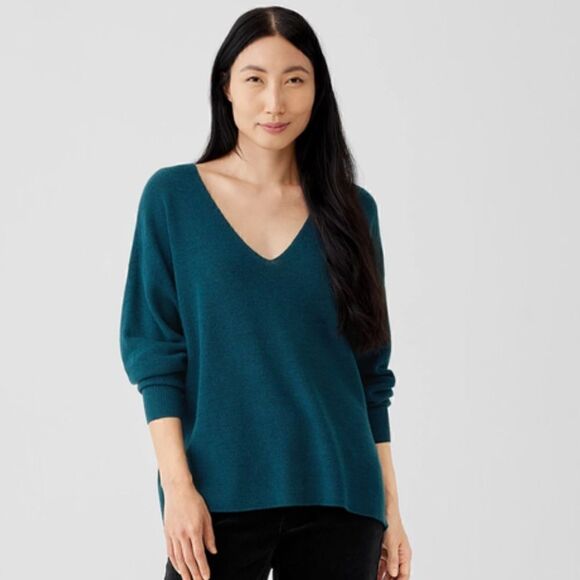 EILEEN FISHER Merino V-Neck Top Regenerative Wool Blue Spruce Women’s Size XXS - Picture 3 of 9